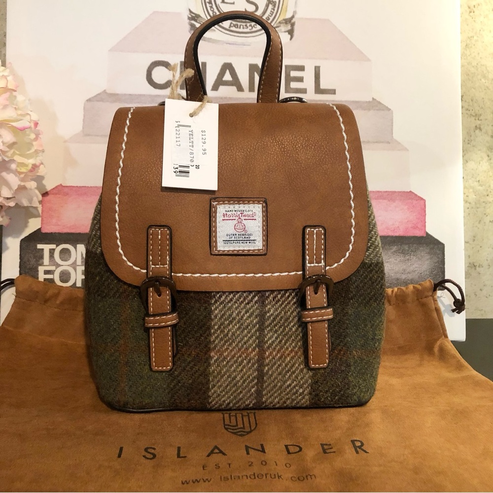 Islander Harris Tweed Mini Backpack NWT in Tartan Green Vegan Leather Bag